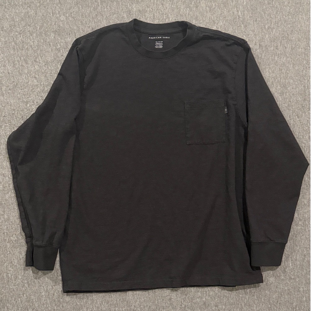American Eagle Mens XXL Black Long Sleeve Pocket Tee Cotton Slub Standard Fit